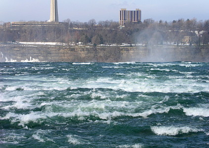 [View from bridge looking toward top of American Falls.]